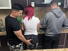 Husband's friend inappropriately touches milf while cooking